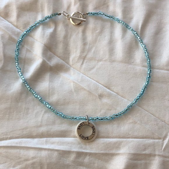 NEW! Beaded Choker Necklace Seed Bead w Shell & Stamped "Love" Metal Pendant - Picture 3 of 8